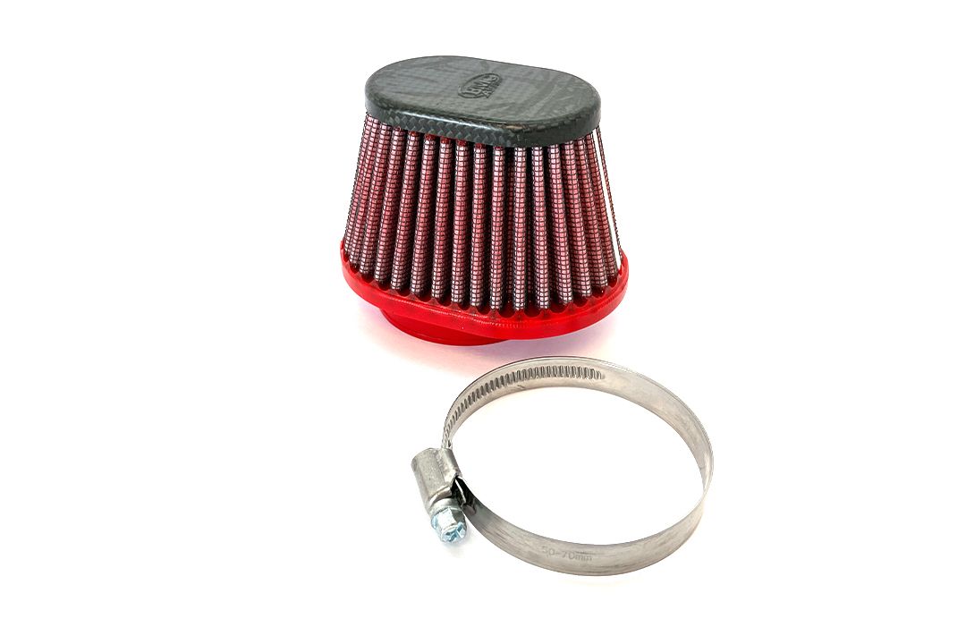 BMC Conisch Sport Luchtfilter voor directe inlaat 50 mm x 70 mm met een links uitgelijnd mondstuk en een carbon deksel