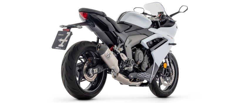ARROW Racing compleet motorfiets uitlaatsysteem met VELOCE einddemper titanium met carbon eindkap voor Triumph Daytona 660, vanaf 2024